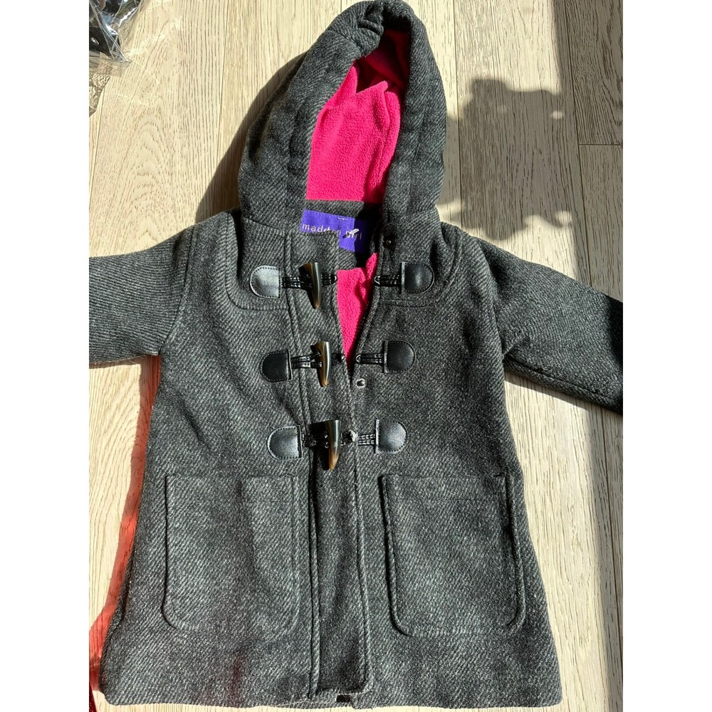 Madden Girl Girls Hooded Duffle Coat Gray Herringbone Pink Fleece Lining Toggle